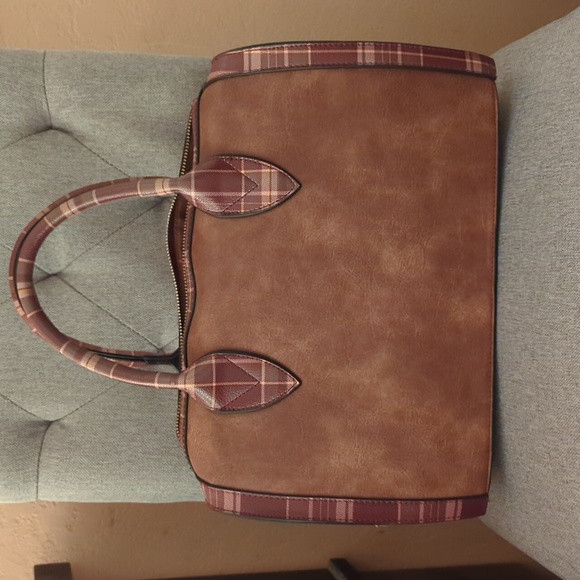 EUC Cato Satchel & wallet in brown w/ maroon, olive & tan plaid accents. - Picture 6 of 7